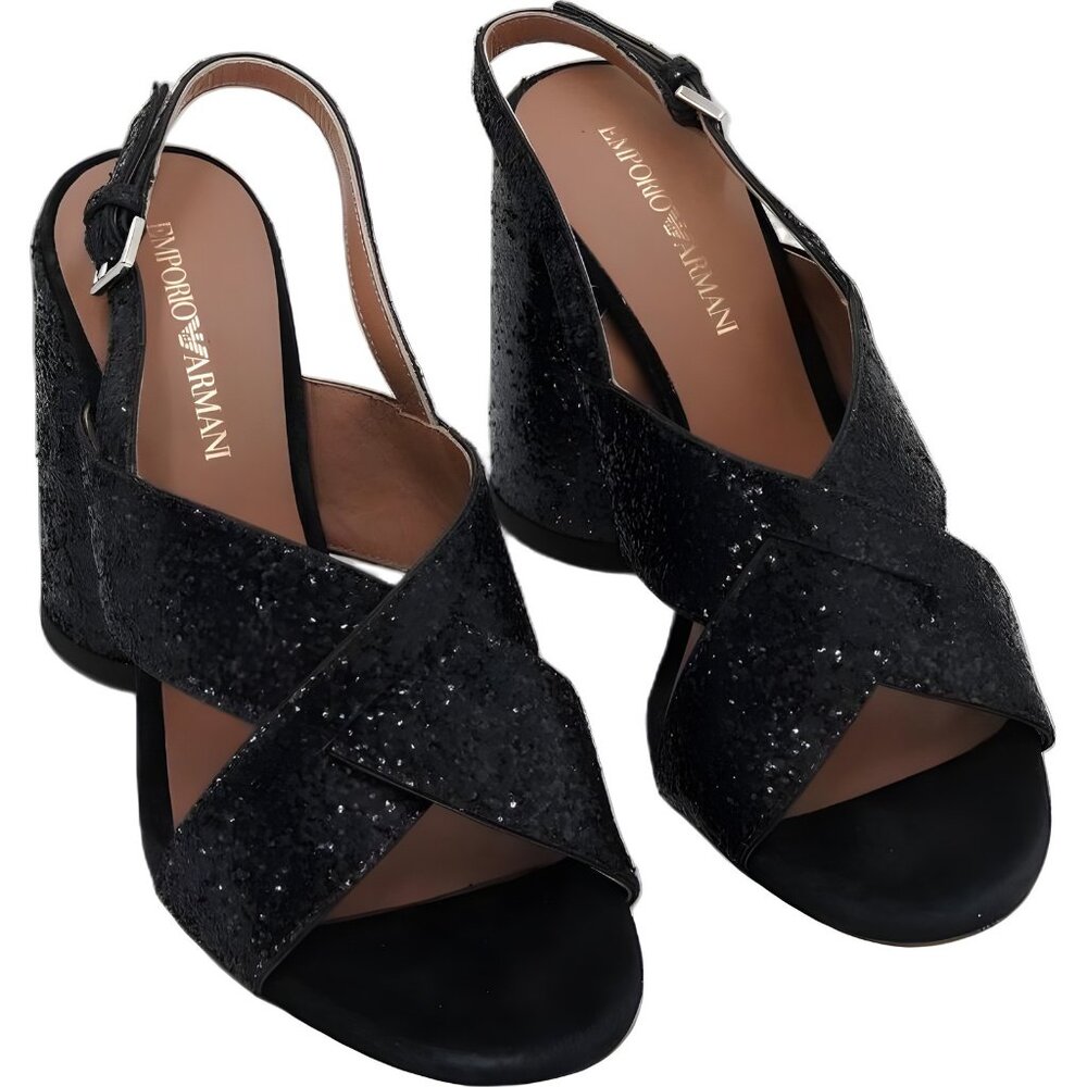 Emporio Armani Black Sparkle Block Heel Sandal Women's EU 38